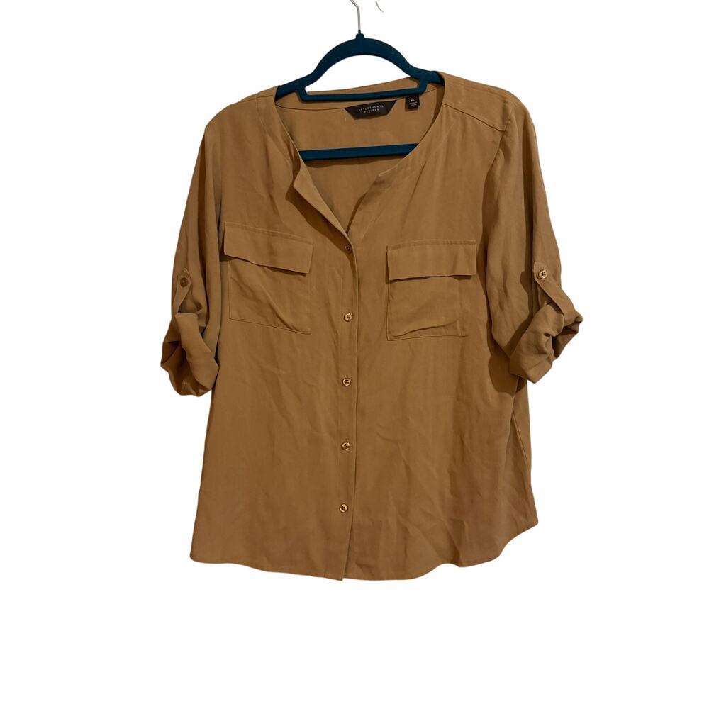Investment Button Up Down Tan Roll Up Three Quarter Sleeve Petite Large